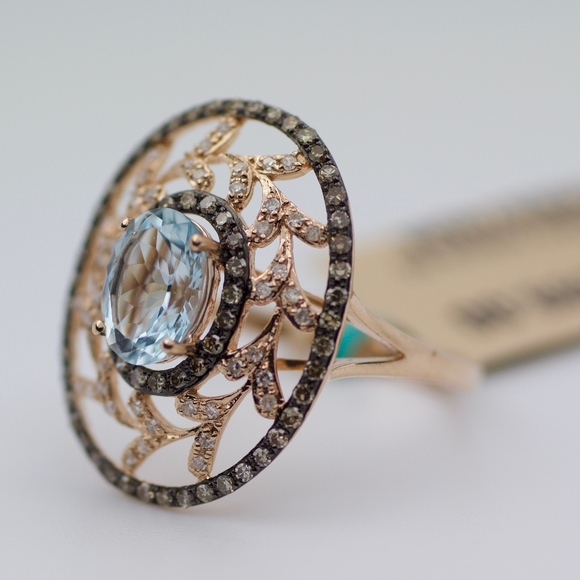 EFFY 14k Rose Gold Aquamarine & Brown Diamond Ring - Picture 2 of 8